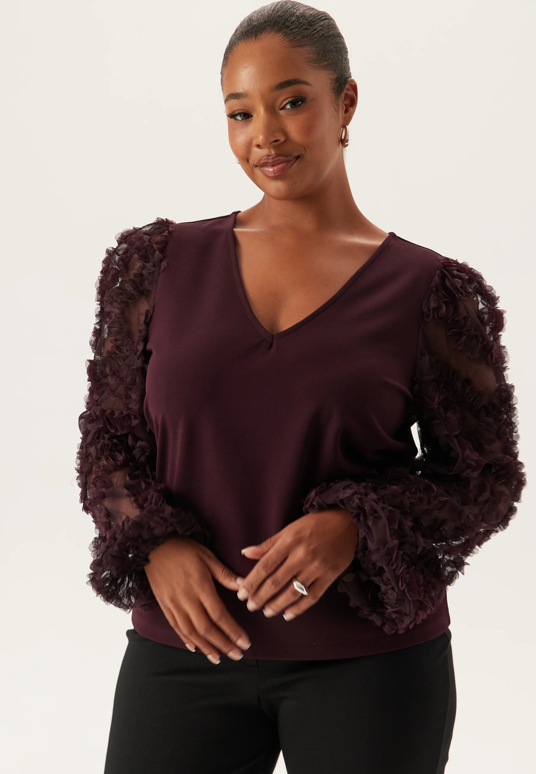 3D Floral Sleeve V-neck Top