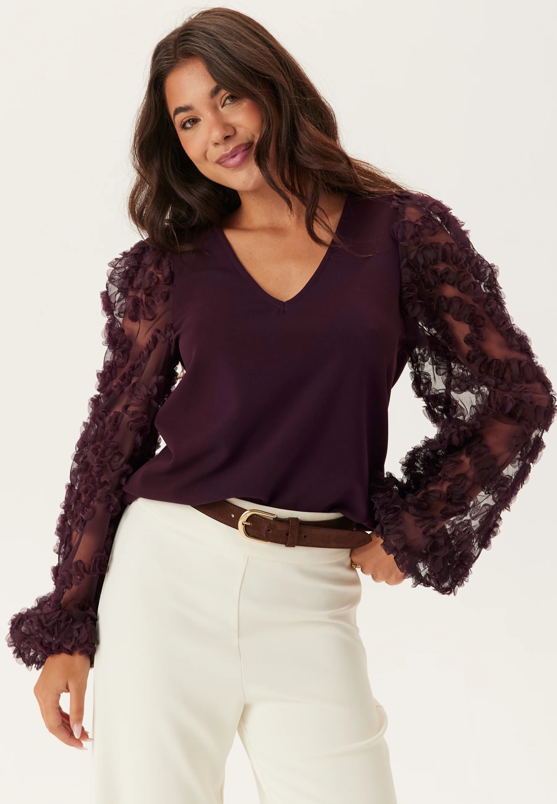 3D Floral Sleeve V-neck Top - Image 3