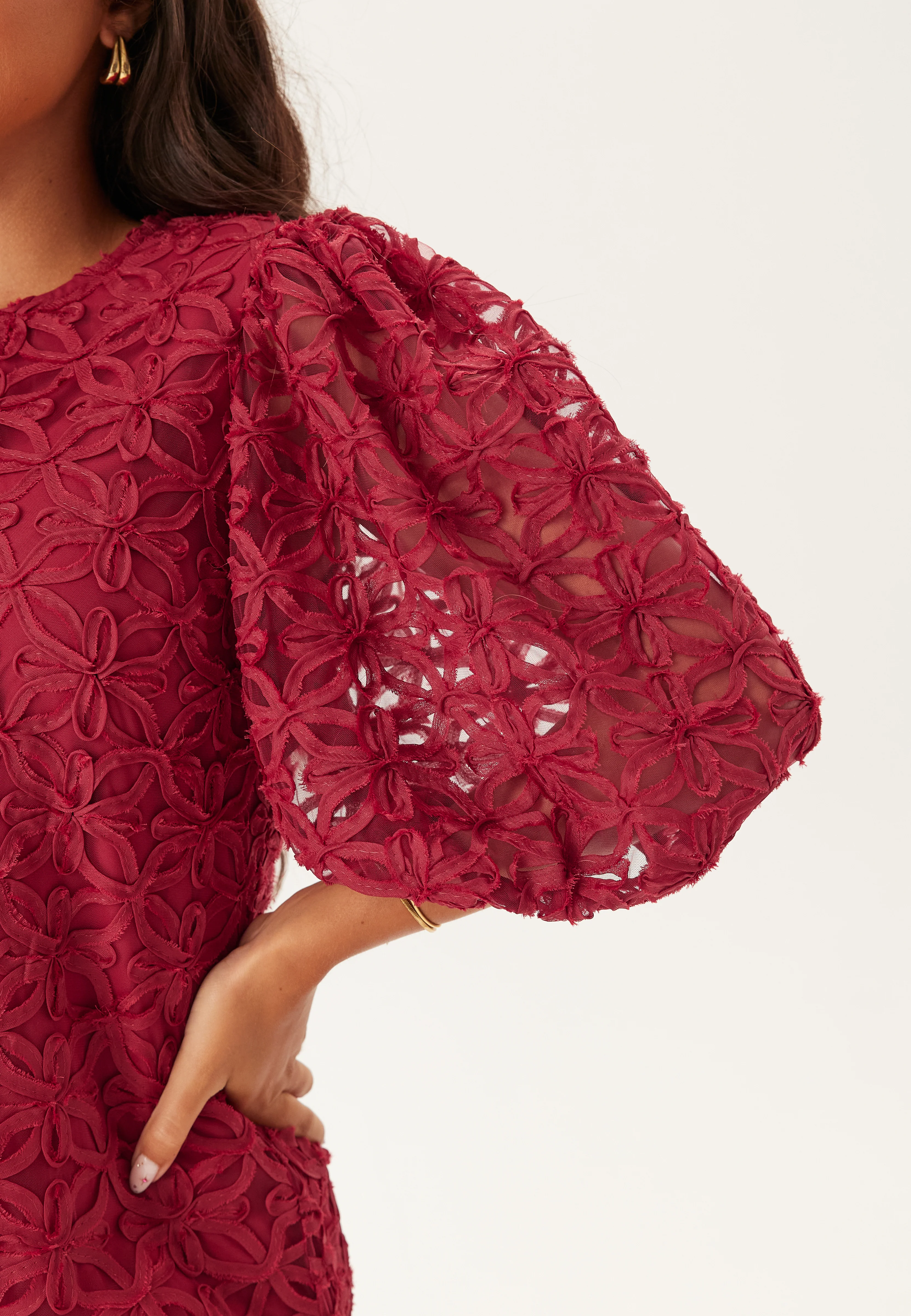 3D Flower Puff Sleeve Dress - Image 5