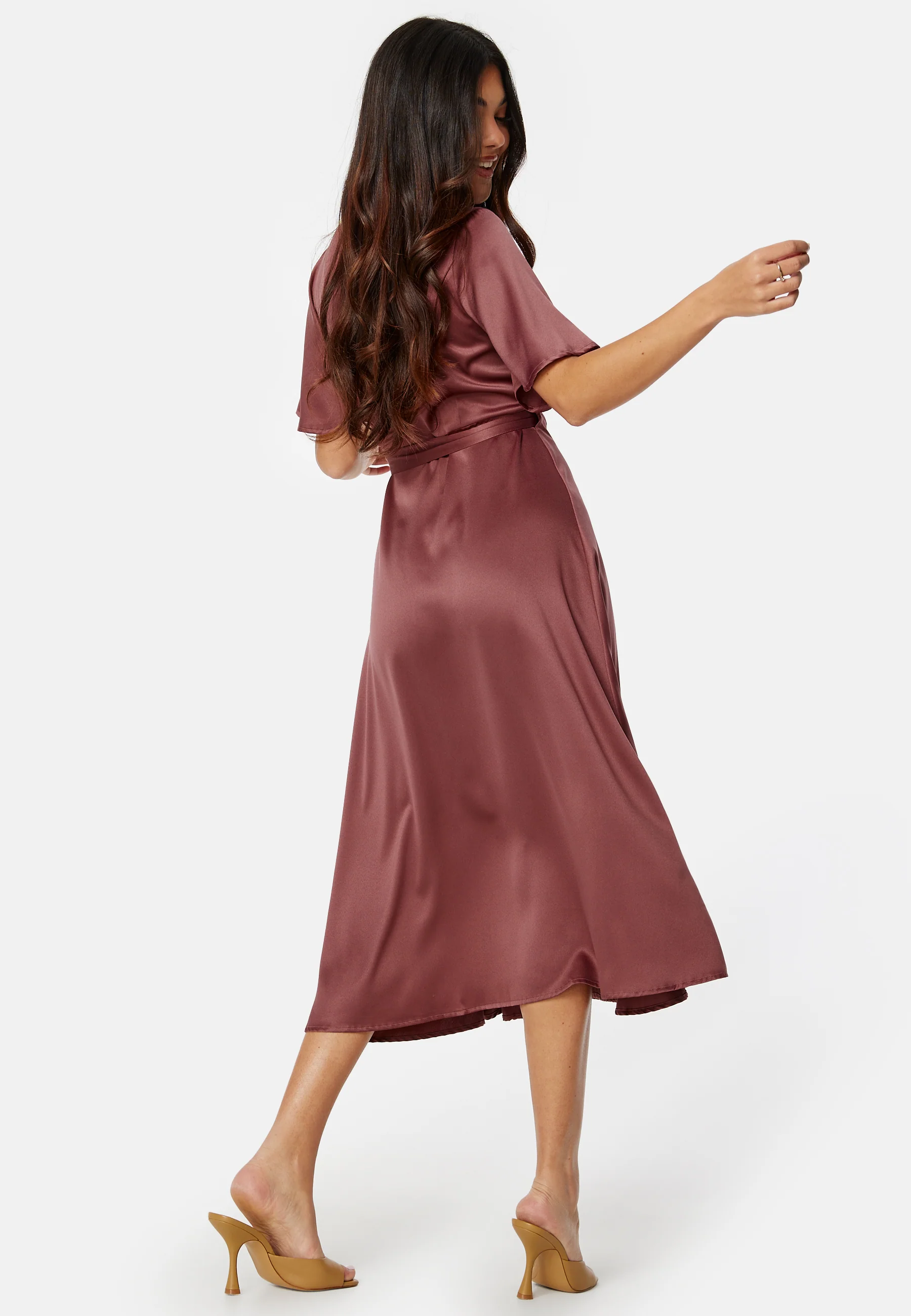 Butterfly Sleeve Wrap Satin Midi Dress - Image 3