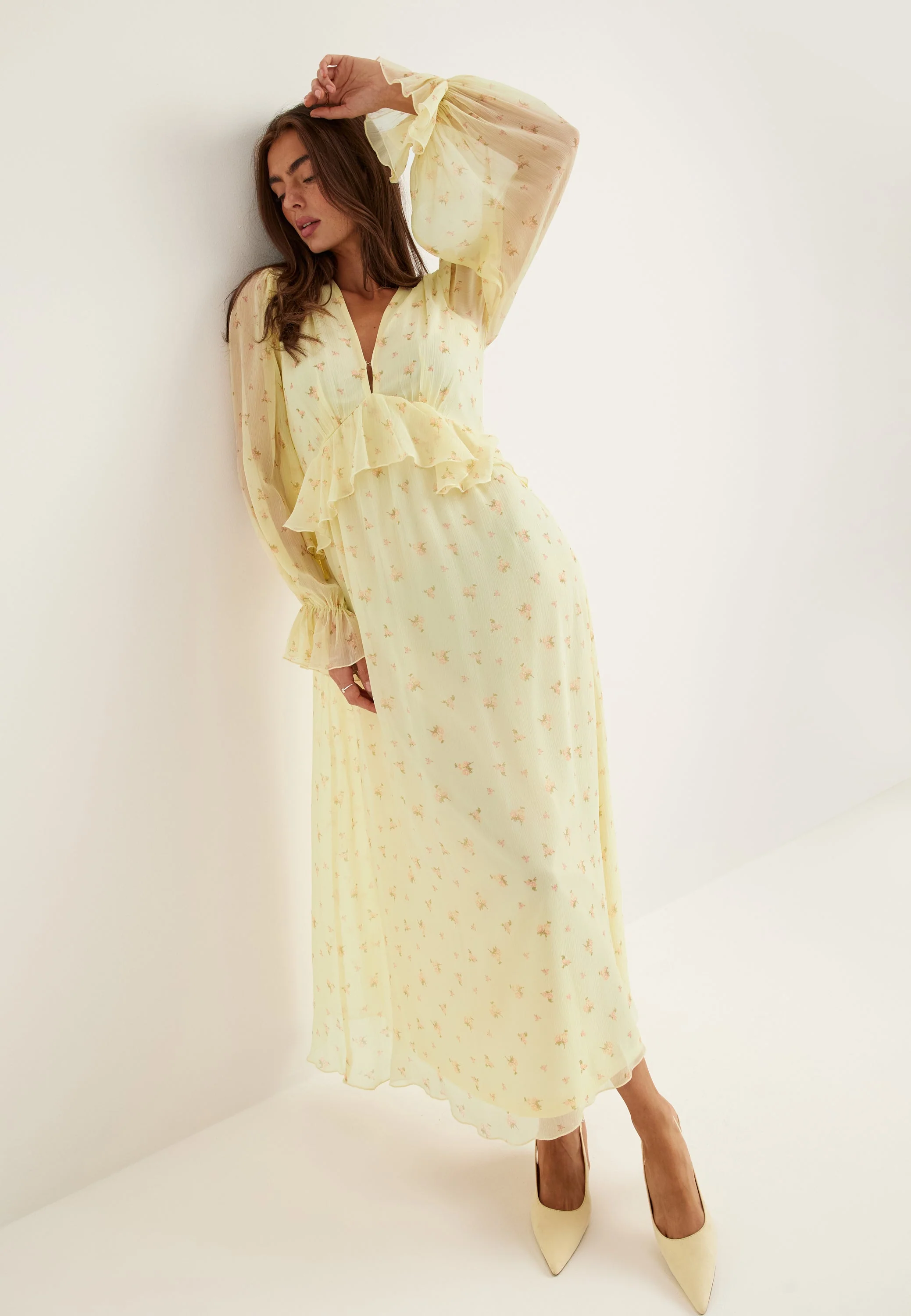 Frill L/S Chiffon Midi Dress