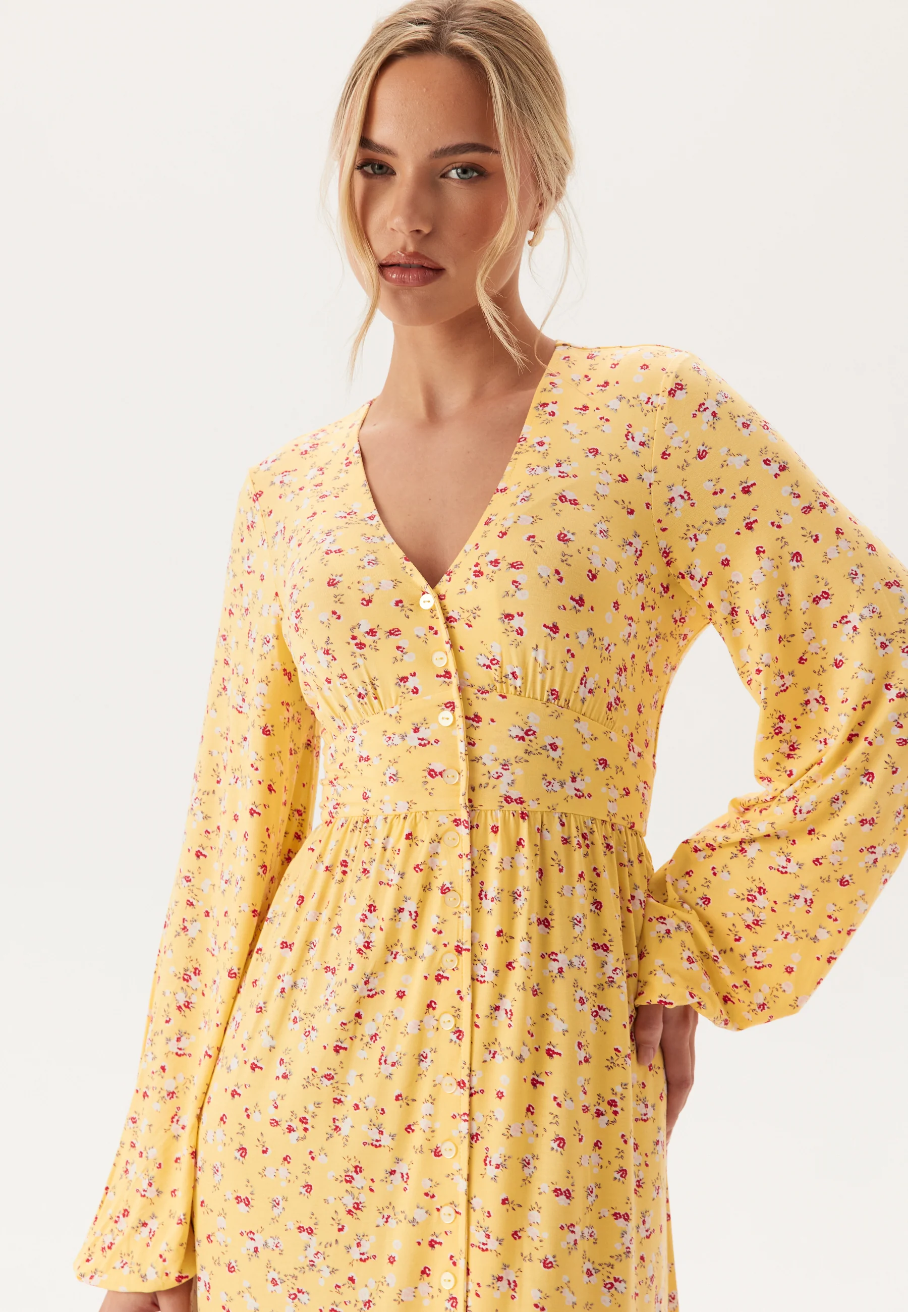 Soft Midi Button Volume Sleeve Dress - Image 3